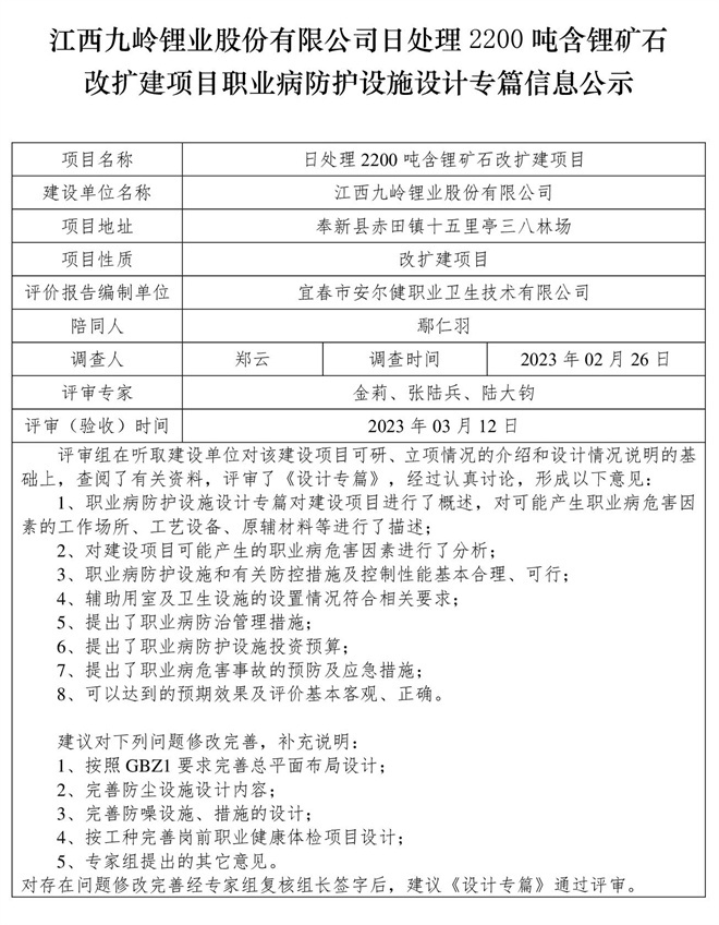 江西九嶺鋰業(yè)股份有限公司日處理2200噸含鋰礦石改擴(kuò)建項(xiàng)目職業(yè)病防護(hù)設(shè)施設(shè)計(jì)專篇信息公示.jpg